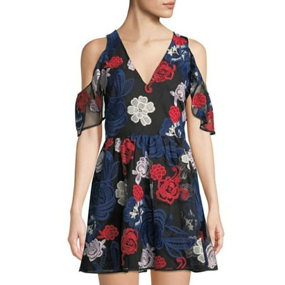 Devlin Kara Floral Embroidered Mini Dress Black Multi Cold Shoulder Boho M